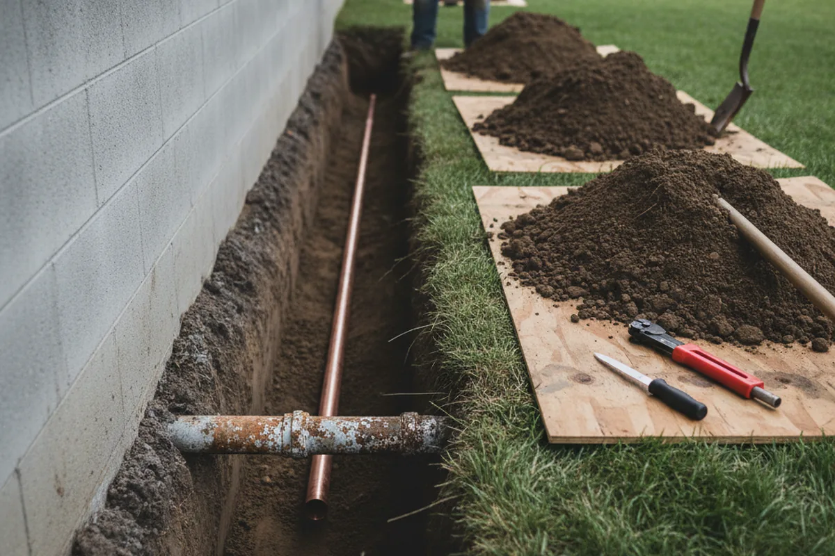 Excavated water line trench during Sewer Line Repair in Barre